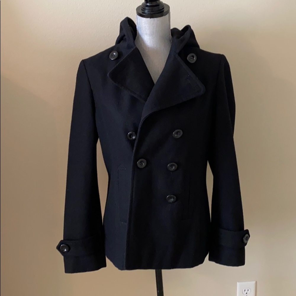 Black Double Breasted Pea Coat w/ Hood Sz 10